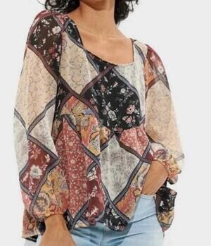 American Eagle Boho Patchwork Peasant Top Size Medium NWOT
